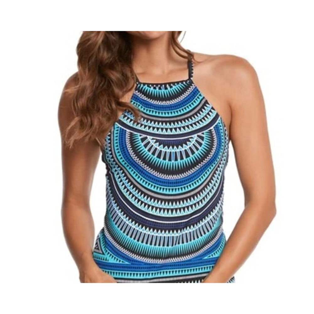 Jag Womens Tankini Top Size Large Tribal Geo High Neck Halter Blue Swimsuit